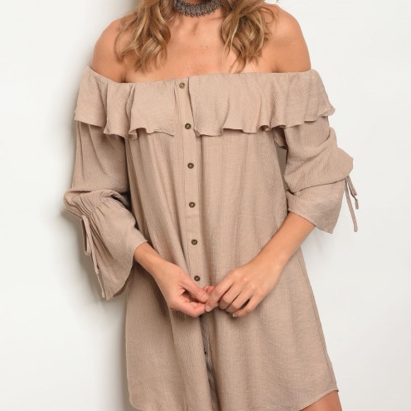 LAST 1! OFF SHOULDER/ BELL SLEEVE TAN SHIRT DRESS - Picture 2 of 5